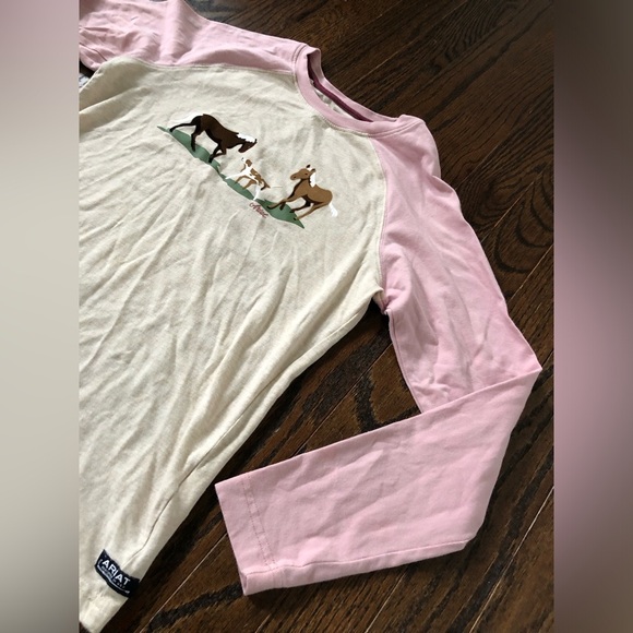 Ariat Girls M (10Y) Organic Cotton Pink/Creme Long-Sleeve Tee w/Velvet Horse/Dog - Picture 3 of 11